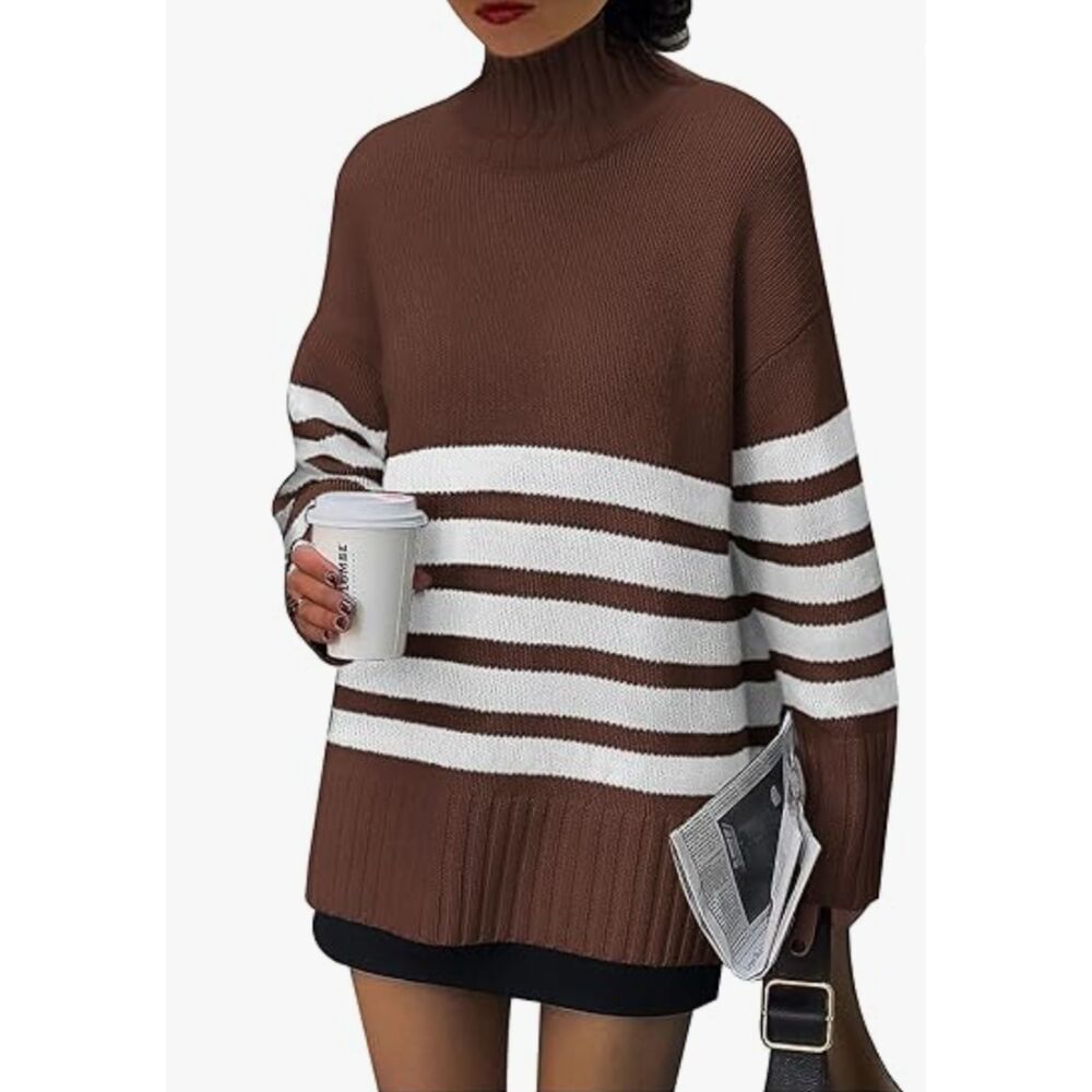 Women's Brown Striped Turtleneck Knit Long Sleeve Sweater, Oversized, Large